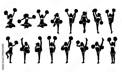Cheerleader silhouette set pom pom dance poses sports vector illustration