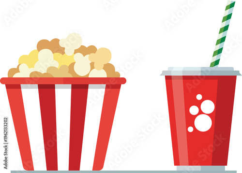 Cinema and Movie time Cinema and Movie time concept with flat icons popcorn, paper cup, soda. Isolated vector illustration