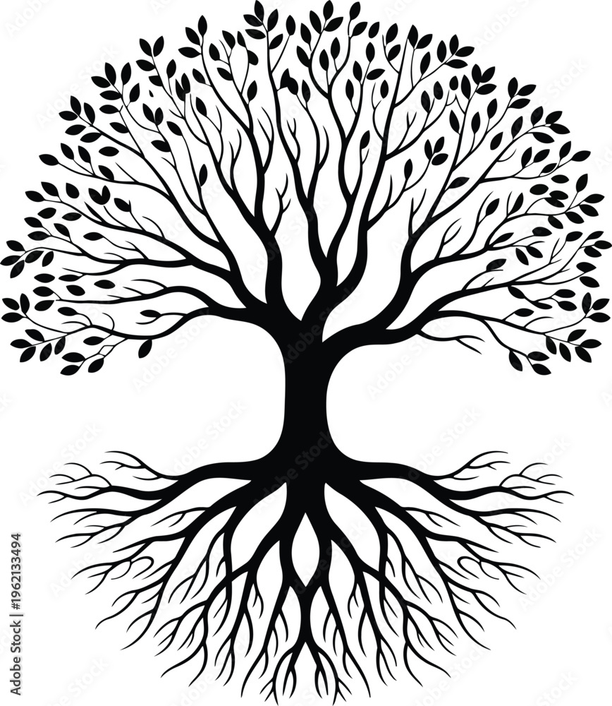 Obraz premium Intricate black and white illustration of a tree with symmetrical branches and roots.