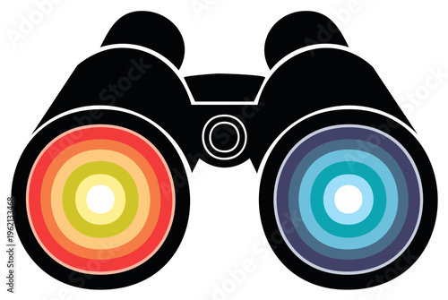 Minimalist black binoculars illustration featuring vibrant warm and cool color spectrum lenses