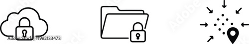 Data security and storage icons featuring locked cloud folder and location pinpoint for information protection.
