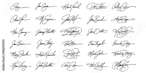Set of various artistic handwritten signatures for business contracts, legal documents, and personal identification