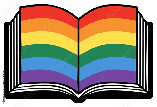 Open book displaying rainbow pride flag colors for LGBTQ education and awareness