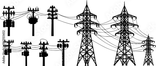 Solid black silhouette set of electric power lines, utility poles, and high voltage transmission towers, minimalist industrial energy infrastructure vector isolated on white.