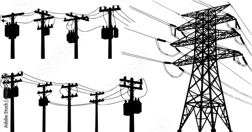 Solid black silhouette set of electric power lines, utility poles, and high voltage transmission towers, minimalist industrial energy infrastructure vector isolated on white.