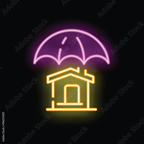 Neon sign representing the concept of home insurance with a yellow umbrella protecting a house