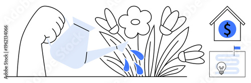 Financial growth concept. Illustration shows nurturing flowers investment, savings, and a development plan. Financial growth s wealth building and long-term planning. Ideal for fintech, finance apps