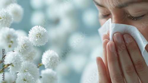 Person sneezing with tissue near pollen-bearing flower head, representing allergy diagnostic, antihistamine testing and treatment concept.