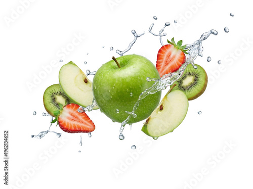 Fresh Fruits with Water Splash on White Background
