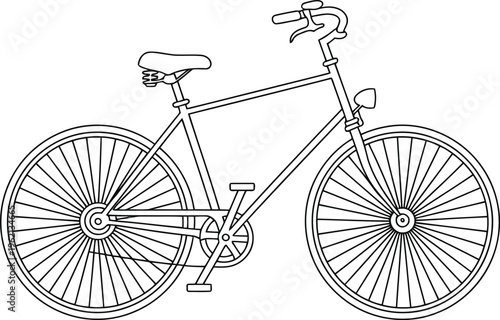 A detailed line drawing of a classic bicycle with a front and rear wheel.