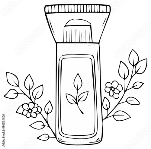 Illustration of a cosmetic product with leaves and flowers