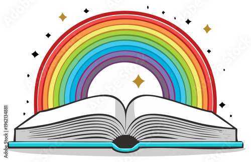 Open book with rainbow above it illustration, colorful education concept for children