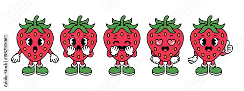 Cute Strawberry Cartoon Characters Set with Funny Faces
