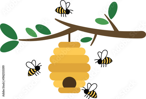 Bee hive on tree branch vector illustration with flying bees, beekeeping nature scene design element