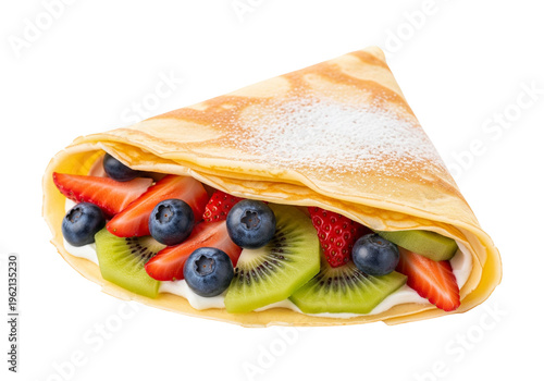 Fruit-Filled Crepe with Cream on White Background