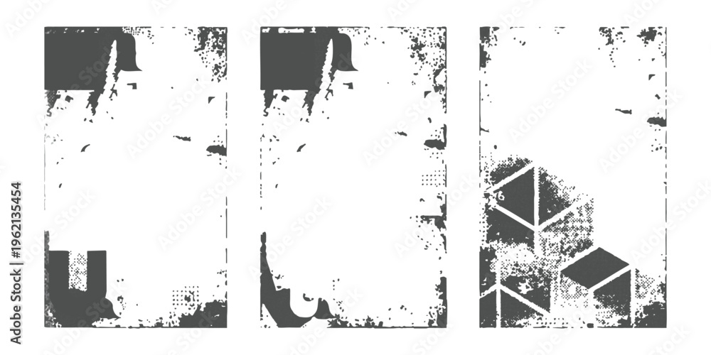 Fototapeta premium Set of three vertical grunge frames with geometric elements and distressed textured borders