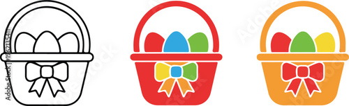 Easter basket set with colored eggs and bows including outline and colorful versions for spring holiday design.