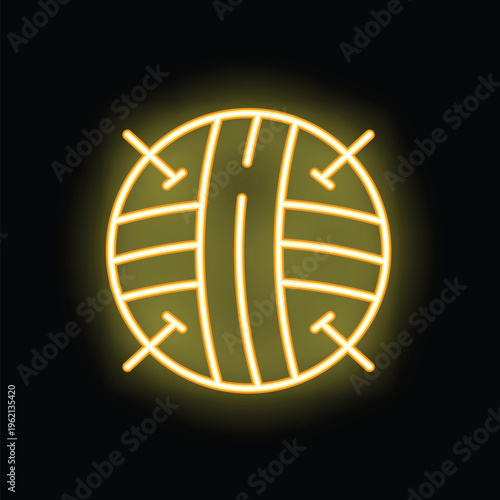 Glowing neon icon of yarn ball with needles shining on dark brick wall background for your handmade projects
