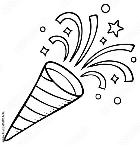 Outline illustration of a party popper exploding with confetti for celebrations, holidays and festive events