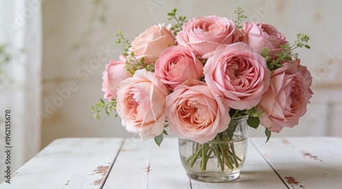 Elegant bouquet of fresh roses placed on a rustic wooden table