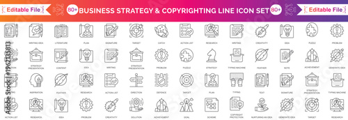 Business strategy and Copyrighting set of web icons in line style. Business solutions icons. Action List, research, solution, team, marketing, startup, advertising, business process, management big.
