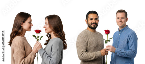 People Holding Red Rose Together on White Background