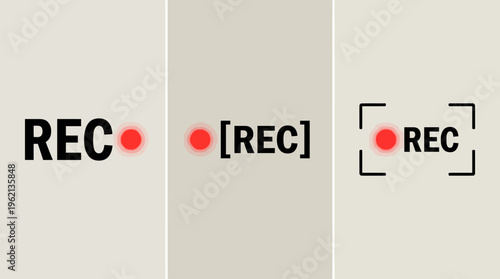 Recording indicator badges with “REC” text and red dot variations, minimal design, transparent background, versatile for video, camera, software interfaces.