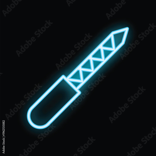 Blue neon icon of a nail file glowing on a black background
