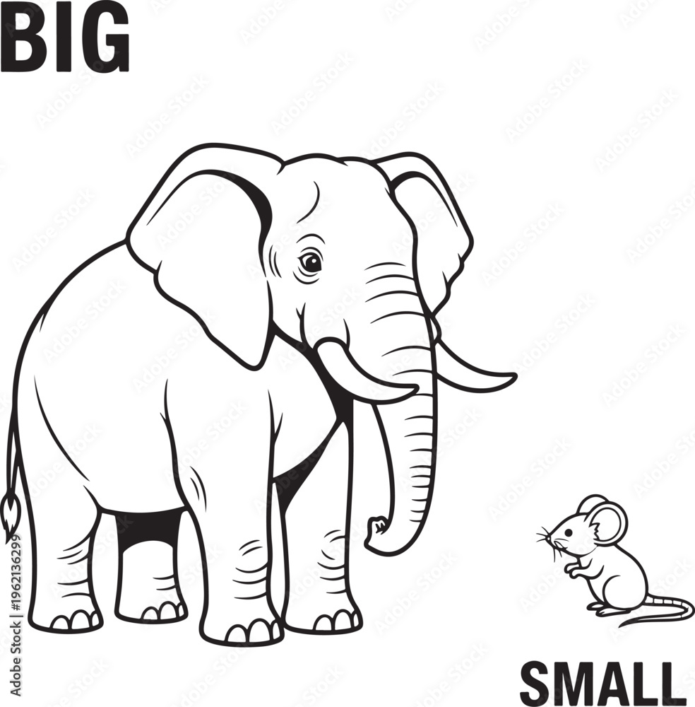 Fototapeta premium Big and small elephant and mouse comparison illustration for kids learning size differences.