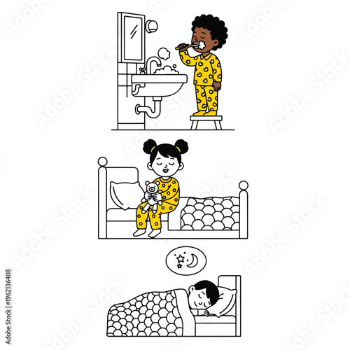 Childs bedtime routine brushing teeth going to bed holding teddy bear and sleeping.