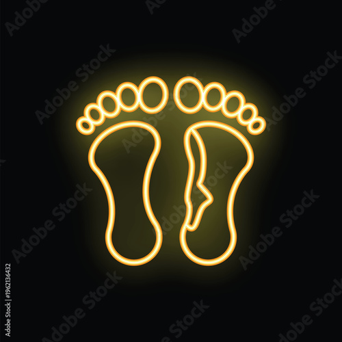 Pair of human footprints is glowing with neon light, representing concepts of podiatry, walking, and leaving a mark