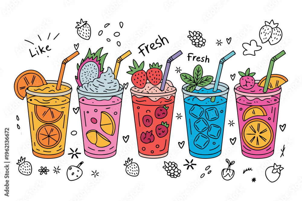 Fototapeta premium Fresh Fruit Juice Smoothie Set with Glasses, Healthy Drinks Illustration