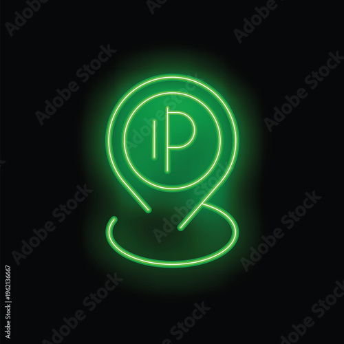 Green neon ip address location pin glowing on a black background showing internet protocol address