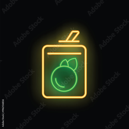 Neon sign of an orange juice brick carton with a straw glowing on a black background