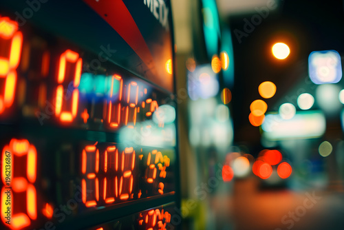 Digital LED displays at a petrol station show glowing red numbers for fuel prices against a blurred urban background with bokeh lights, reflecting the rising cost of energy during the current crisis.