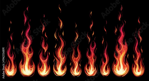Realistic fire flames collection on black background, set of 9 burning heat elements, glowing orange and red campfire sparks, hot bonfire vector