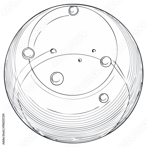 Engraved illustration of the moon with craters and lines for education