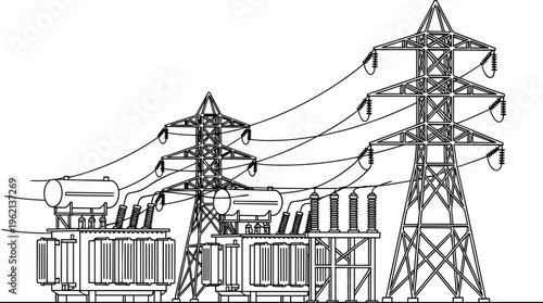 electricity, power, transmission, line, tower, substation, transformer, energy, grid, voltage, infrastructure, industrial, engineering, technology, utility, cable, distribution, network, system, vecto