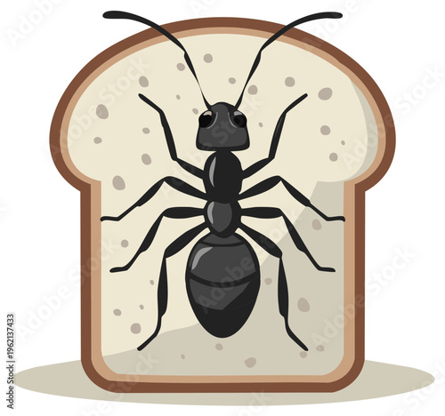 Black ant crawling on a slice of bread illustration with rounded crust
