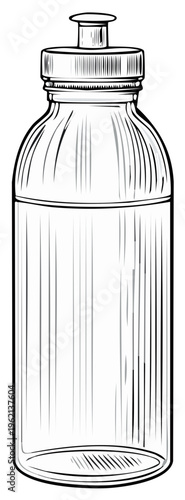 Line art illustration of a clear plastic water bottle with a sports cap