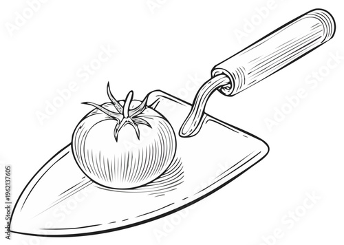 Vintage style illustration of a tomato on a gardening trowel with a wooden handle