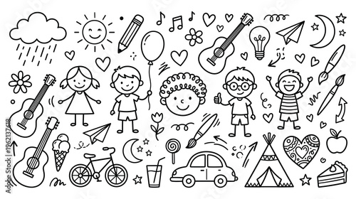 Line art doodle elements for kids happy childhood theme.