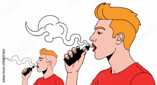 Vaping man vector illustration, young male character smoking electronic cigarette with vapor clouds, modern lifestyle and e-cigarette culture concept