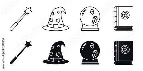 Magical and mystical objects in black and white illustrations