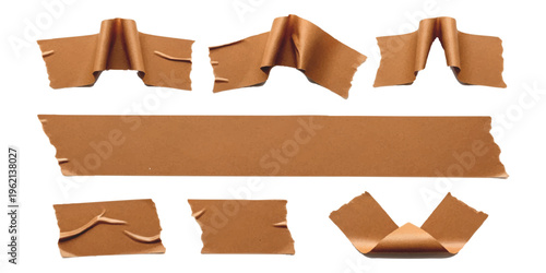 Set of brown paper adhesive tape strips with realistic folds and torn edges
