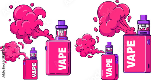 Vibrant pink vape mod vector set, electronic cigarette devices with thick magenta smoke clouds, modern vaping subculture illustrations for shop branding