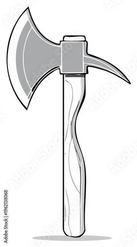 Stylized drawing of a tomahawk with a curved wooden handle and sharp metallic blade