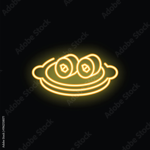 Neon sign showing sushi on a plate, glowing yellow against a dark background