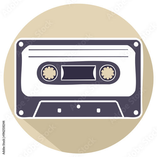 Audio Cassette Tape Illustration in Vector Design, Musical Recording Technology Object, Vintage Style, Round Icon