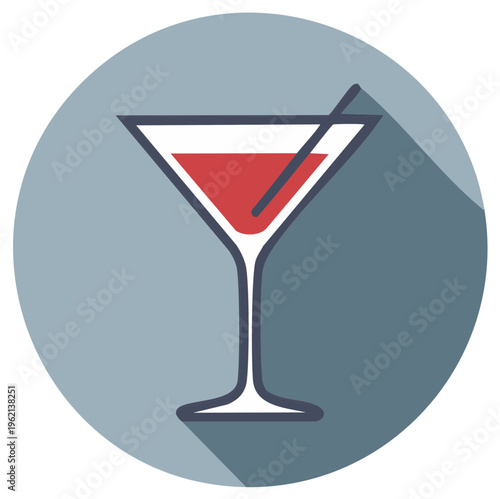 Flat design martini glass with red liquid and stirrer on grey circular background